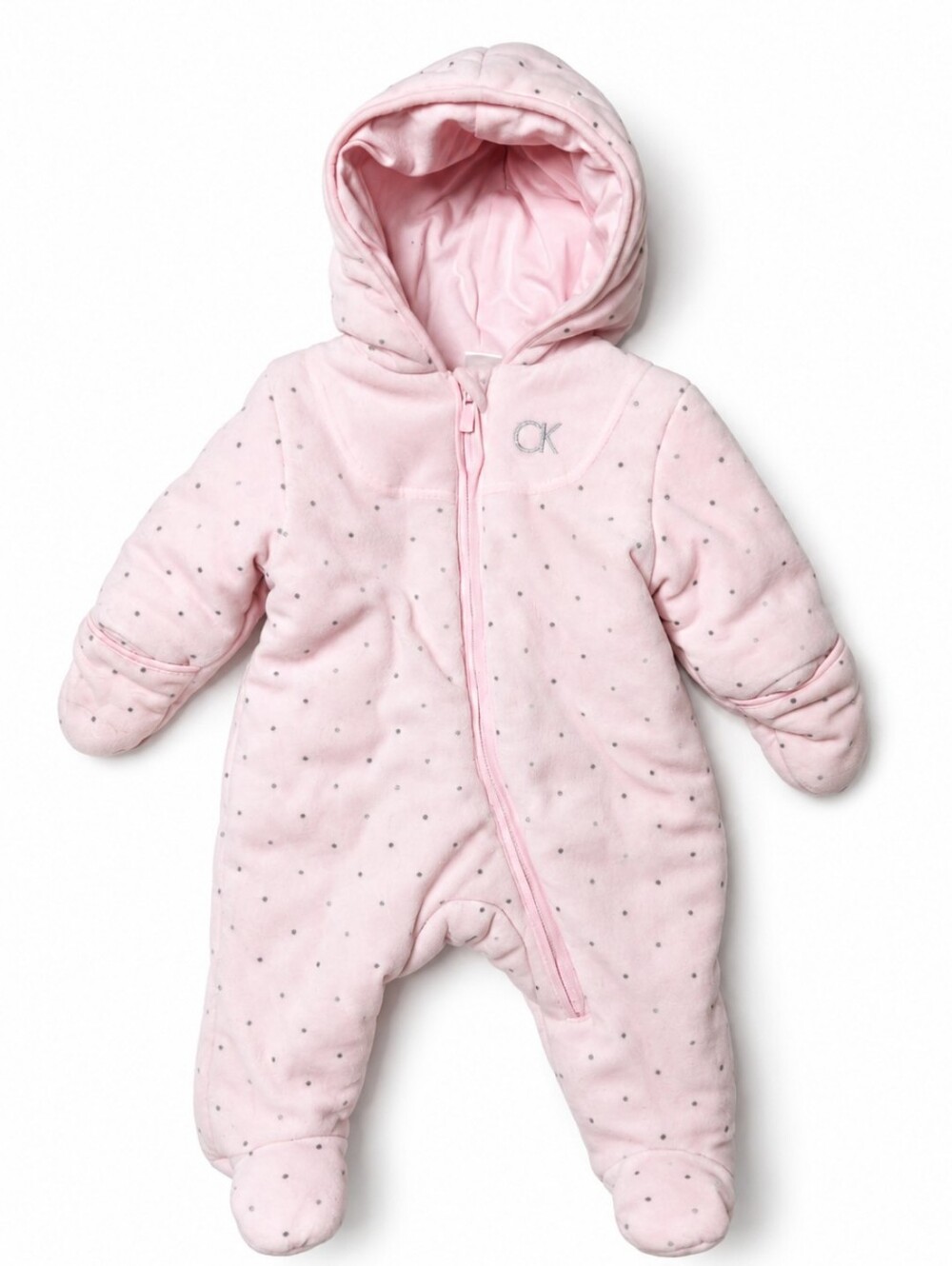 Calvin Klein Size 3-6M Light Pink Hooded Baby One-Piece Footie with Dot Print